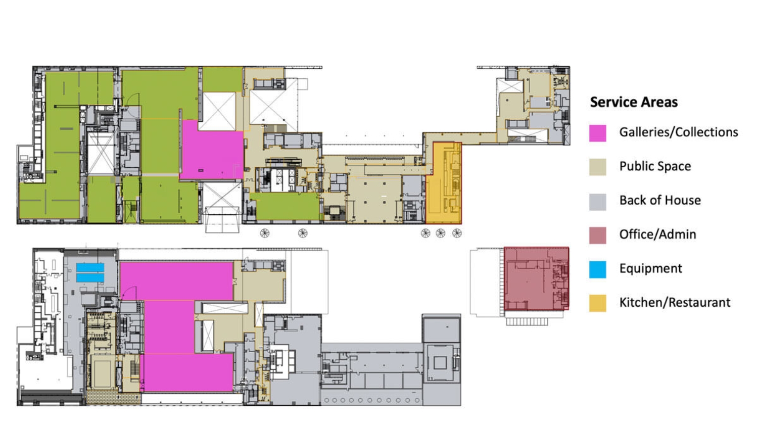Floor plan showing two floors of one business with multiple uses including galleries, public space, offices, equipment, and kitchen/restaurant areas