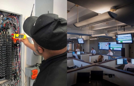A collage of a meter technician checking submeters in a panel and the New York office with utiliVisor employees standing