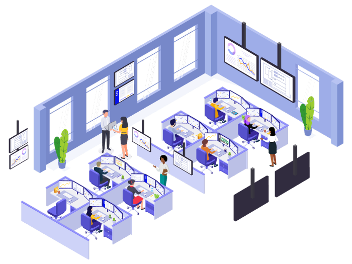 Isometric aerial view inside of utiliVisor's operations center with people desks monitors and TVs