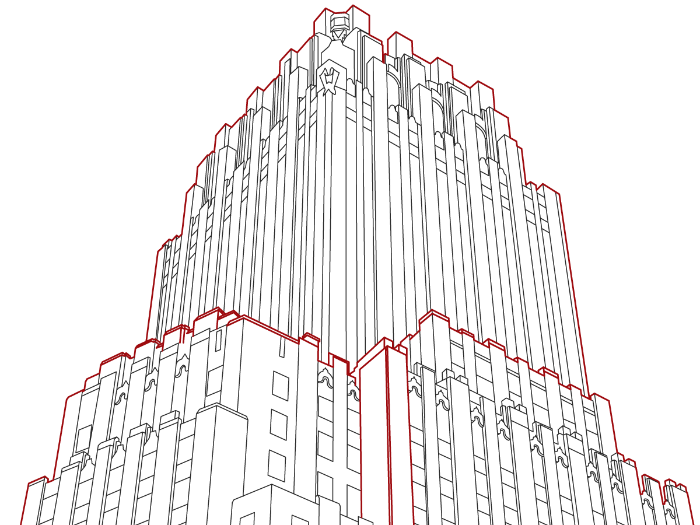 A line art vector graphic of the 100 Barclay building