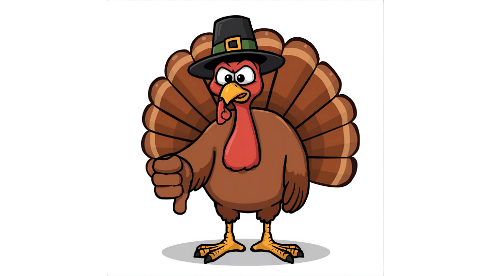 Angry Pilgrim turkey pointing his "thumb" down, created using Canva's AI