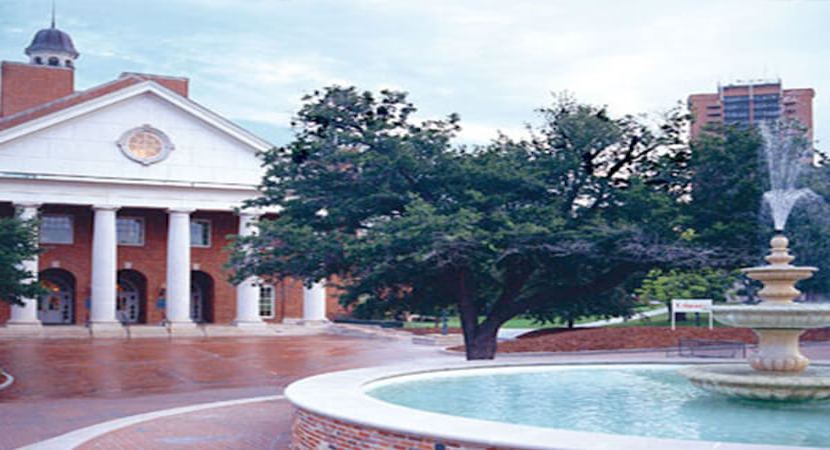 a large fountain and tree in front of a campus building